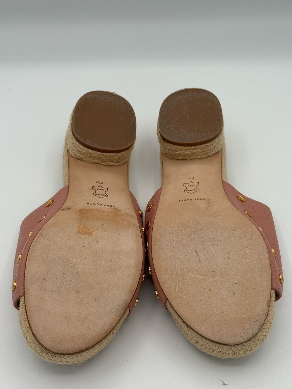 Tory Burch Britten Espadrille Leather Slide Sandals Mules Pink Moon Gold Logo - Picture 13 of 13